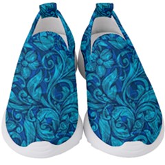 Blue Floral Pattern Texture, Floral Ornaments Texture Kids  Slip On Sneakers by nateshop