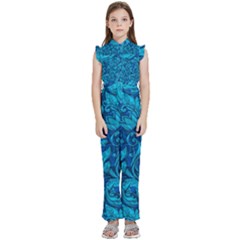 Blue Floral Pattern Texture, Floral Ornaments Texture Kids  Sleeveless Ruffle Edge Band Collar Chiffon One Piece by nateshop