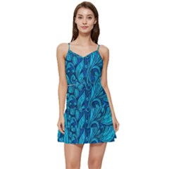 Blue Floral Pattern Texture, Floral Ornaments Texture Short Frill Dress