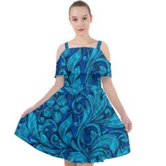 Blue Floral Pattern Texture, Floral Ornaments Texture Cut Out Shoulders Chiffon Dress