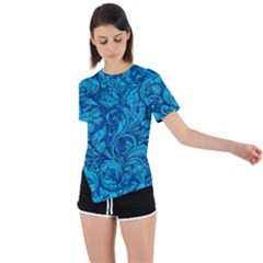 Blue Floral Pattern Texture, Floral Ornaments Texture Asymmetrical Short Sleeve Sports T-shirt