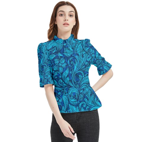 Blue Floral Pattern Texture, Floral Ornaments Texture Frill Neck Blouse by nateshop