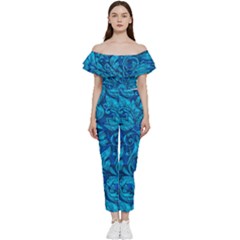 Blue Floral Pattern Texture, Floral Ornaments Texture Bardot Ruffle Jumpsuit by nateshop