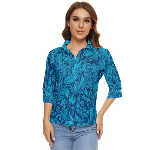 Blue Floral Pattern Texture, Floral Ornaments Texture Women s Quarter Sleeve Pocket Shirt by nateshop