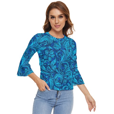 Blue Floral Pattern Texture, Floral Ornaments Texture Bell Sleeve Top by nateshop