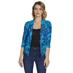 Blue Floral Pattern Texture, Floral Ornaments Texture Women s Draped Front 3/4 Sleeve Shawl Collar Jacket by nateshop