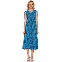 Blue Floral Pattern Texture, Floral Ornaments Texture V-neck Drawstring Shoulder Sleeveless Maxi Dress by nateshop
