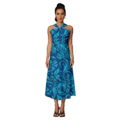 Blue Floral Pattern Texture, Floral Ornaments Texture Sleeveless Cross Front Cocktail Midi Chiffon Dress by nateshop