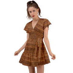 Brown Wooden Texture Flutter Sleeve Wrap Dress