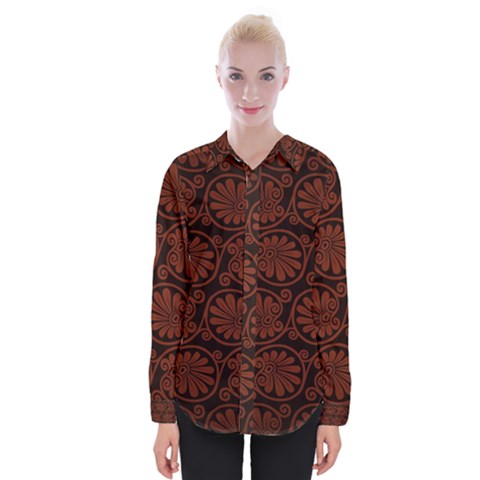 Brown Floral Pattern Floral Greek Ornaments Womens Long Sleeve Shirt by nateshop