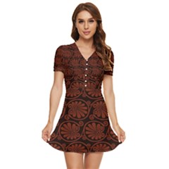 Brown Floral Pattern Floral Greek Ornaments V-neck High Waist Chiffon Mini Dress