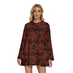 Brown Floral Pattern Floral Greek Ornaments Round Neck Long Sleeve Bohemian Style Chiffon Mini Dress by nateshop