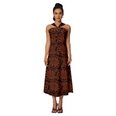 Brown Floral Pattern Floral Greek Ornaments Sleeveless Cross Front Cocktail Midi Chiffon Dress by nateshop