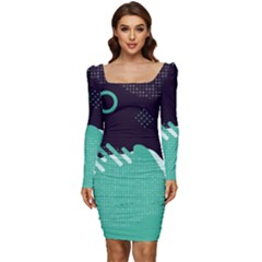 Colorful Background, Material Design, Geometric Shapes Women Long Sleeve Ruched Stretch Jersey Dress