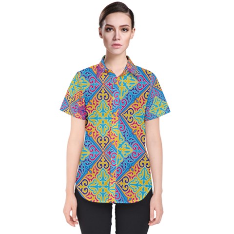 Colorful Floral Ornament, Floral Patterns Women s Short Sleeve Shirt by nateshop