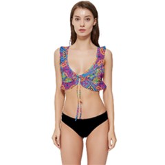 Colorful Floral Ornament, Floral Patterns Low Cut Ruffle Edge Bikini Top