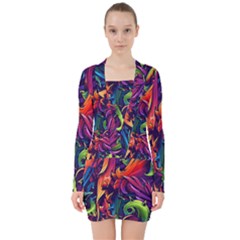 Colorful Floral Patterns, Abstract Floral Background V-neck Bodycon Long Sleeve Dress