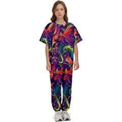 Colorful Floral Patterns, Abstract Floral Background Kids  T-shirt And Pants Sports Set by nateshop