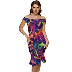 Colorful Floral Patterns, Abstract Floral Background Off Shoulder Ruffle Split Hem Bodycon Dress by nateshop