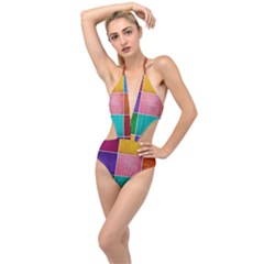 Colorful Squares, Abstract, Art, Background Plunging Cut Out Swimsuit by nateshop