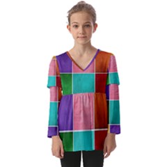 Colorful Squares, Abstract, Art, Background Kids  V Neck Casual Top