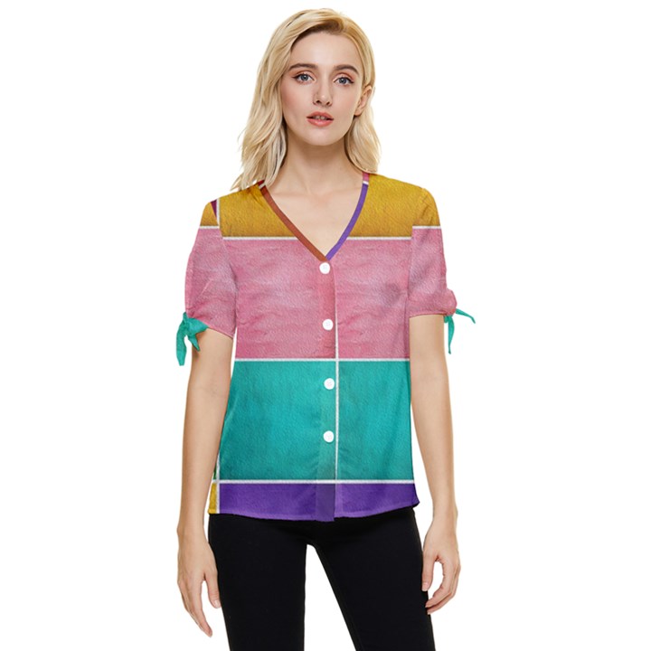 Colorful Squares, Abstract, Art, Background Bow Sleeve Button Up Top