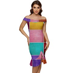 Colorful Squares, Abstract, Art, Background Off Shoulder Ruffle Split Hem Bodycon Dress by nateshop