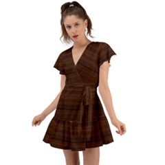 Dark Brown Wood Texture, Cherry Wood Texture, Wooden Flutter Sleeve Wrap Dress by nateshop