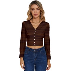 Dark Brown Wood Texture, Cherry Wood Texture, Wooden Long Sleeve V-neck Top