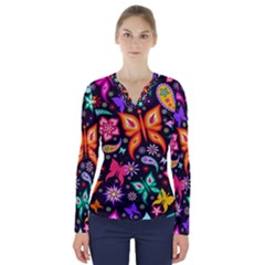 Floral Butterflies V-neck Long Sleeve Top by nateshop