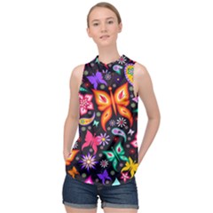 Floral Butterflies High Neck Satin Top