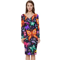 Floral Butterflies Long Sleeve V-neck Bodycon Dress  by nateshop