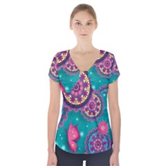 Floral Pattern, Abstract, Colorful, Flow Short Sleeve Front Detail Top