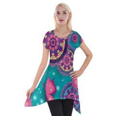 Floral Pattern, Abstract, Colorful, Flow Short Sleeve Side Drop Tunic by nateshop