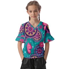 Floral Pattern, Abstract, Colorful, Flow Kids  V-neck Horn Sleeve Blouse