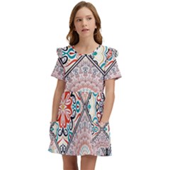 Flowers Pattern, Abstract, Art, Colorful Kids  Frilly Sleeves Pocket Dress