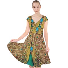 Peacock Feather Bird Peafowl Cap Sleeve Front Wrap Midi Dress by Cemarart