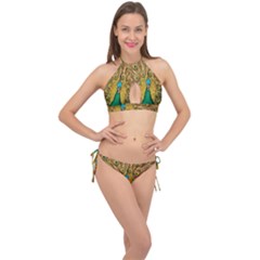 Peacock Feather Bird Peafowl Cross Front Halter Bikini Set