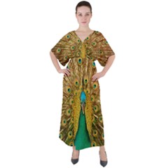 Peacock Feather Bird Peafowl V-neck Boho Style Maxi Dress