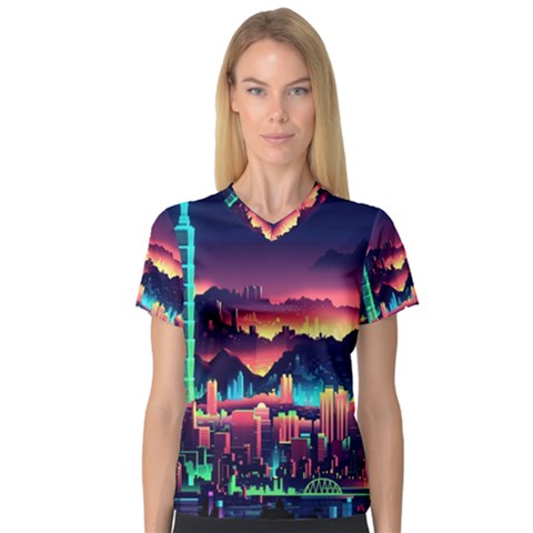 Cityscape Building Painting 3d City Illustration V-neck Sport Mesh T-shirt by Bedest