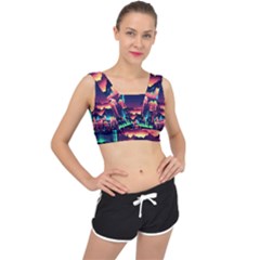 Cityscape Building Painting 3d City Illustration V-back Sports Bra