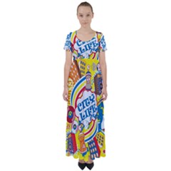 Colorful City Life Horizontal Seamless Pattern Urban City High Waist Short Sleeve Maxi Dress by Bedest