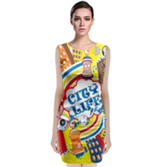 Colorful City Life Horizontal Seamless Pattern Urban City Sleeveless Velvet Midi Dress by Bedest