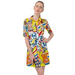 Colorful City Life Horizontal Seamless Pattern Urban City Belted Shirt Dress