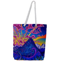 Blue And Purple Mountain Painting Psychedelic Colorful Lines Full Print Rope Handle Tote (large)