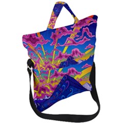 Blue And Purple Mountain Painting Psychedelic Colorful Lines Fold Over Handle Tote Bag by Bedest