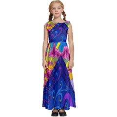 Blue And Purple Mountain Painting Psychedelic Colorful Lines Kids  Satin Sleeveless Maxi Dress