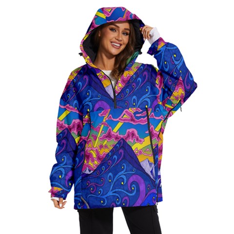 Blue And Purple Mountain Painting Psychedelic Colorful Lines Women s Ski And Snowboard Jacket