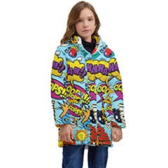 Comic Elements Colorful Seamless Pattern Kids  Hooded Longline Puffer Jacket