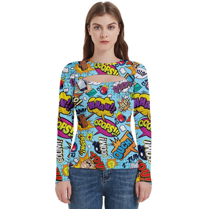 Comic Elements Colorful Seamless Pattern Women s Cut Out Long Sleeve T-Shirt